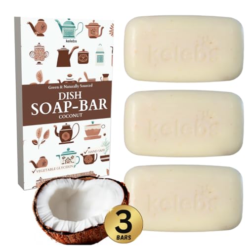 KELEBS Coconut Dish Soap Bar - Hypoallergenic, Non-Toxic, Zero Waste - Pack of 3, 3.8 oz Each