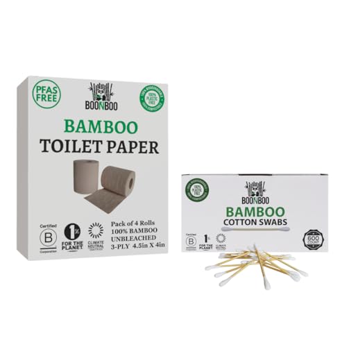 BOONBOO Toilet Paper - Unbleached, Biodegradable, Safe for Sensitive Skin - 4 Rolls, 180 Sheets