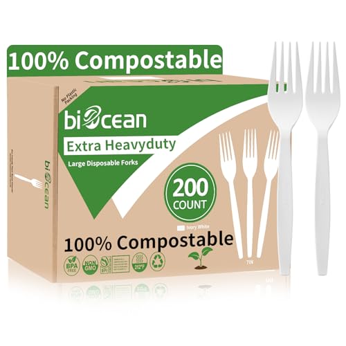 Biocean Compostable Forks - Sturdy, BPI-Certified, 200 Count, 7-Inch Biodegradable Utensils