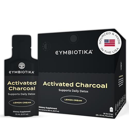 CYMBIOTIKA Activated Charcoal Liquid Supplement - Gut Health & Detox Support, Vegan - 26 Pouches