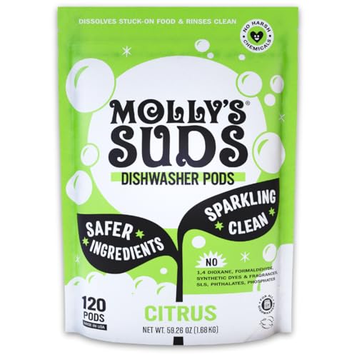 Molly's Suds Dishwasher Pods - Cuts Grease & Residue-Free, Plant-Powered, 120 Citrus Tabs