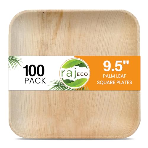 Raj Disposable Palm Leaf Plates - Non-Toxic, Biodegradable & Reusable, 9.5 Inch, 100-Pack