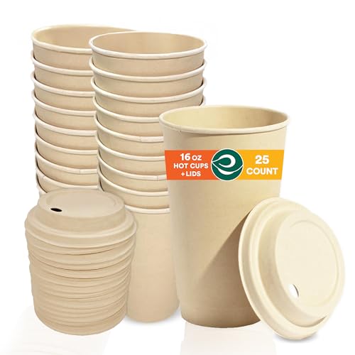 ECO SOUL Compostable Hot Cups - Plant-Based, Leak-Proof, Insulated Design - 16oz, 25 Count