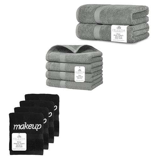 Premium 100% Cotton Towel Set - Soft, Highly Absorbent, Quick-Dry - 10 Pack in Grey & Black