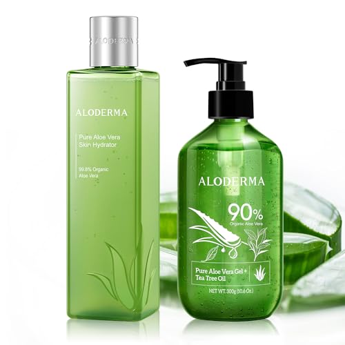 Aloderma Skin Care Set - Hydrating Aloe Vera Gel & Tea Tree Oil, USDA Organic - 300g