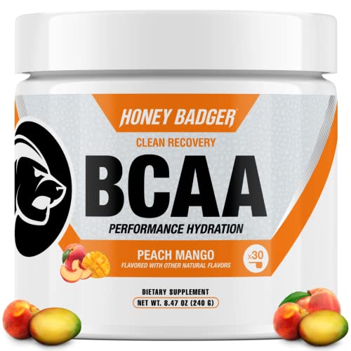 Honey Badger BCAA + EAA Powder - Muscle Recovery, Vegan, Keto, Peach Mango - 30 Servings