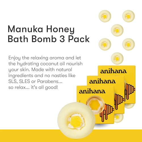 ANIHANA Bath Bombs 3 Pack - Hydrating Coconut Oil, Manuka Honey Scent, Cruelty-Free - 6.3oz Each