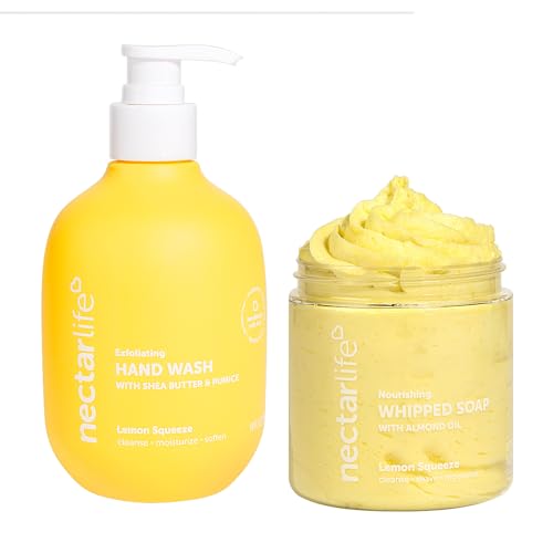 Nectar Life Hand Soap Set - Exfoliating Cleanser, Nourishing Whipped Soap, Lemon Scent - 2 Pack