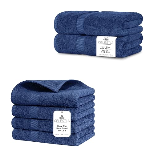 Premium 100% Cotton Towel Set - Ultra-Absorbent, Soft, Quick Dry - Navy, Pack of 6