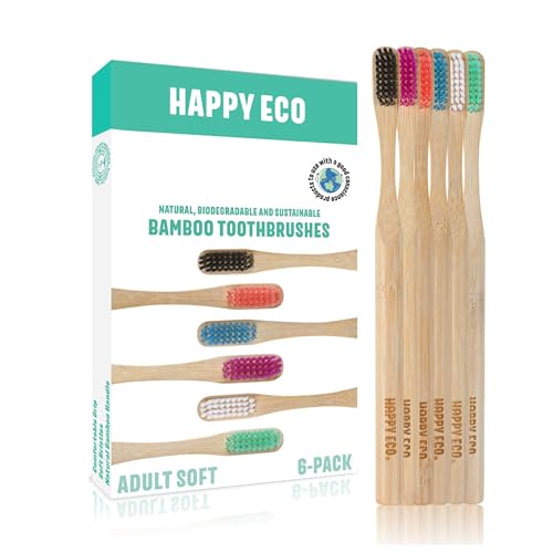 HAPPY ECO Bamboo Toothbrushes - Soft Bristles, BPA-Free, 1 Year Supply, 6 Pack