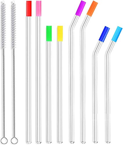 ALINK 8-Pack Glass Drinking Straws - Durable, BPA-Free, Includes Silicone Tips & Brushes - 10.5"/9"