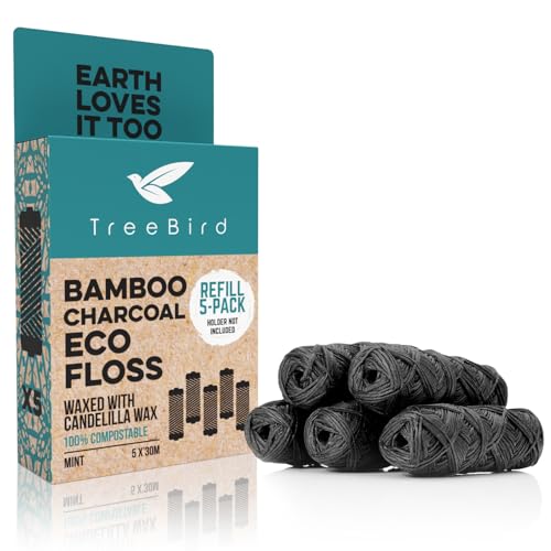 TreeBird Bamboo Charcoal Dental Floss Refills - Vegan, Biodegradable, Mint Flavor - 5-Pack