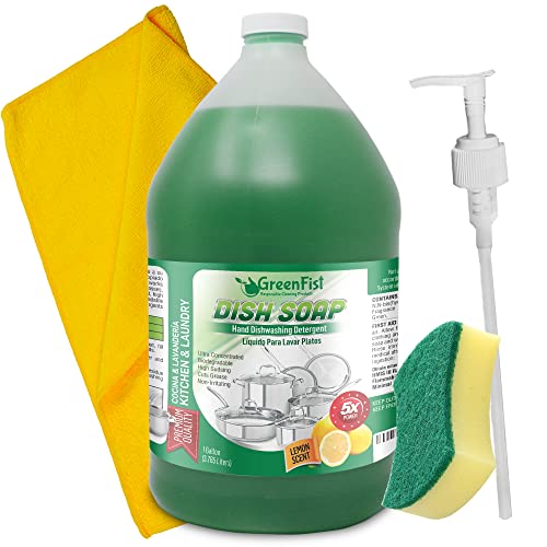 GreenFist Dish Soap - Ultra Concentrated Grease Cutter, Gentle on Hands - 128oz with Sponge & Towel