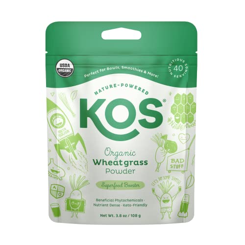 KOS Organic Wheatgrass Juice Powder - Rich in Chlorophyll & Fiber, USDA Certified - 40 Servings