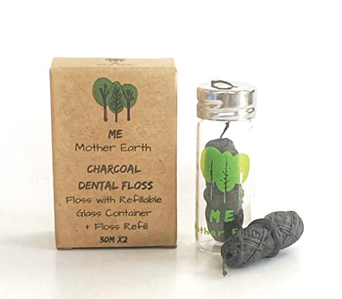 Bamboo Charcoal Dental Floss - Vegan, Refillable Glass Container, Peppermint - 33yds x2