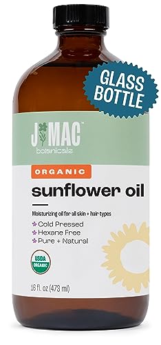 J MAC BOTANICALS Organic Sunflower Oil - Moisturizing & Nourishing, 100% Pure - 16oz Glass