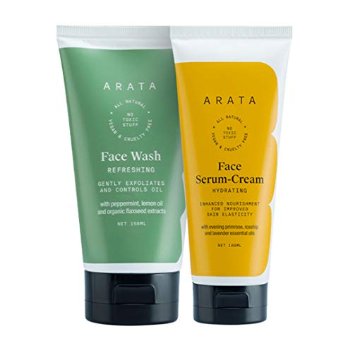 Arata Natural Face Care Set - Nourishing Anti-Aging Serum & Refreshing Cleanser for All Skin Types