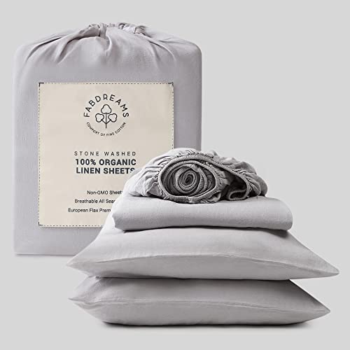 Fabdreams Organic Linen Queen Sheet Set - Moisture-Wicking, Soft Texture - Light Gray, 4-Piece