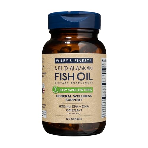 Wiley's Finest Omega-3 Fish Oil - Heart & Skin Support, Easy-Swallow Mini Softgels - 120 Count