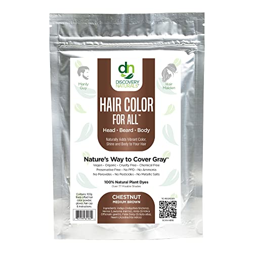 Discovery Naturals Henna Hair Dye - 100% Natural Color, Vegan & Chemical-Free - Chestnut Brown