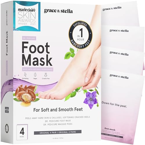 grace & stella Foot Peeling Mask - Exfoliates & Moisturizes Dry Skin - 4 Pairs, Unscented