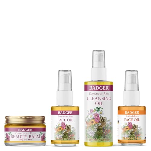 Badger Skin Care Set - Moisturizing Rose Balm & Oils, Certified Organic - 4 Products