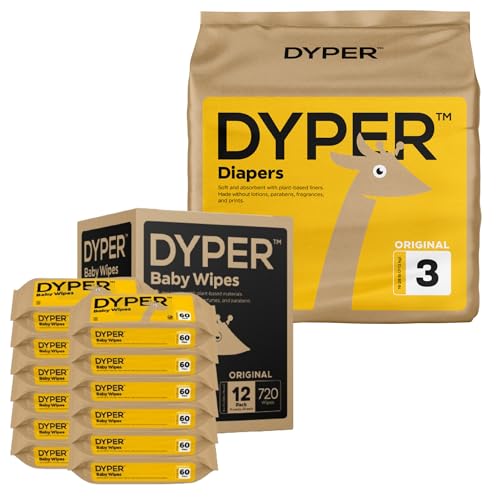 DYPER Size 3 Bamboo Baby Diapers & 99% Water Wipes - Soft, Hypoallergenic, 720 Wipes Included