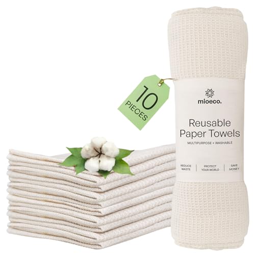 mioeco Kitchen Dish Cloths - Super Absorbent 100% Organic Cotton, Reusable 10 Pack