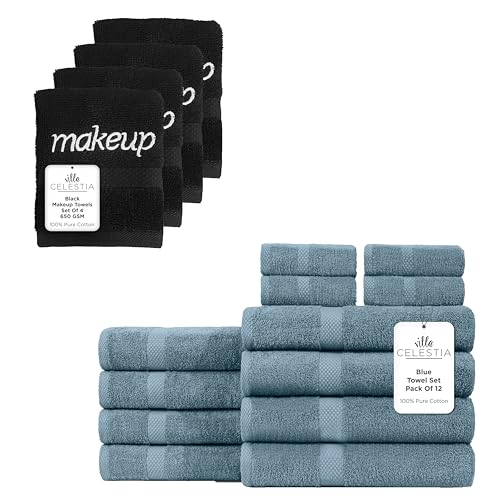 Premium 100% Cotton Towel Bundle - Ultra Absorbent, Quick Dry, Soft & Safe - 16 Pack, Blue & Black