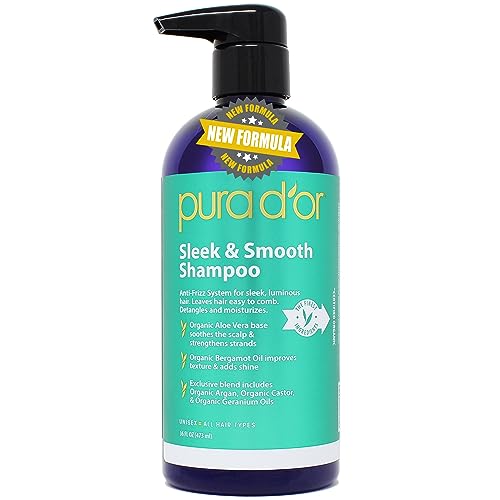 PURA D'OR Sleek & Smooth Shampoo - Tames Frizz, Moisturizes & Detangles - 16oz with Organic Oils