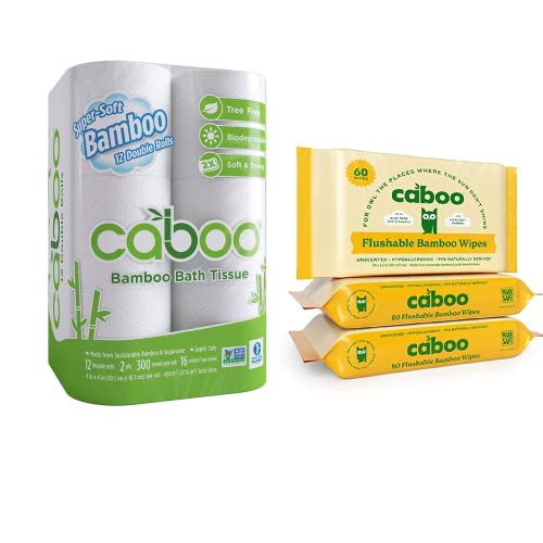 Caboo Personal Cleansing Wipes & Tree-Free Toilet Paper Bundle - Biodegradable, 12 Rolls + 180 Wipes