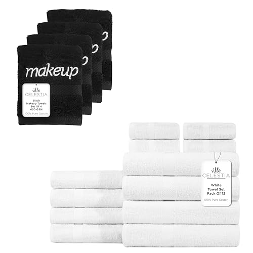 Pure Cotton Towel Bundle - Ultra Absorbent, Soft & Quick Dry, 16-Piece Set in White & Black