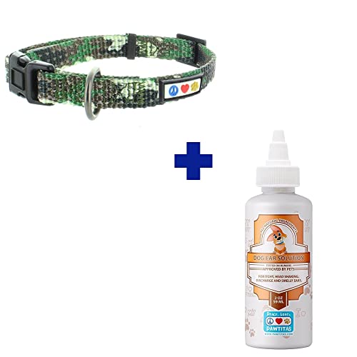 Pawtitas Pet Care Bundle - Reflective Dog Collar & 100% Natural Ear Cleaner, Blue Camo - Small Dogs