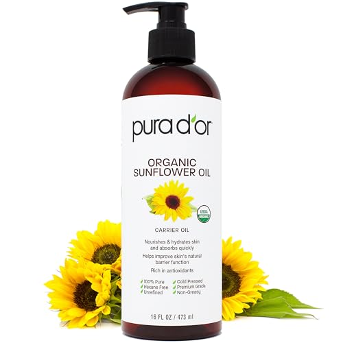 PURA D'OR Organic Sunflower Seed Oil - Moisturizing, Acne-Fighting, Hexane-Free - 16oz