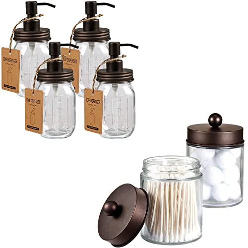 Mason Jar Bathroom Accessory Set - Refillable Soap Dispensers & Versatile Storage Jars - 6PC