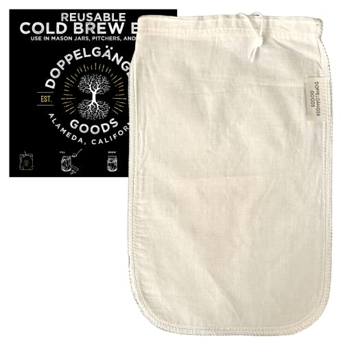 Organic Cotton Cold Brew Coffee Bag - Filters Grounds, Easy Drawstring - 8in x 12in