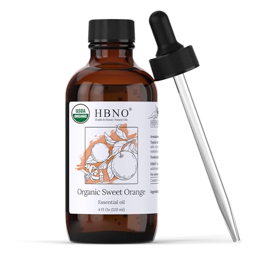 HBNO Organic Orange Essential Oil - USDA Certified, Cold Pressed for Aromatherapy - 4 oz