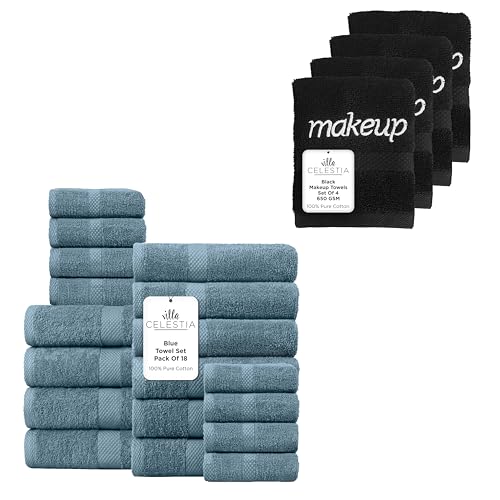 Luxury Cotton Towel Set - Ultra Absorbent, Soft & Quick Dry, 22 Towels in Blue & Black