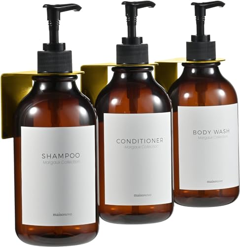 MaisoNovo Shampoo & Conditioner Dispenser - Durable Amber Bottles, Natural Soap Refills - 3 Pack