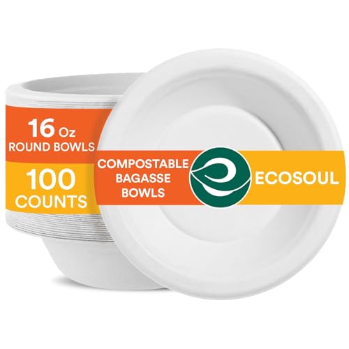 ECO SOUL Compostable Soup Bowls - 100% Sugarcane Fiber, BPI Certified, 16oz - 100-Pack