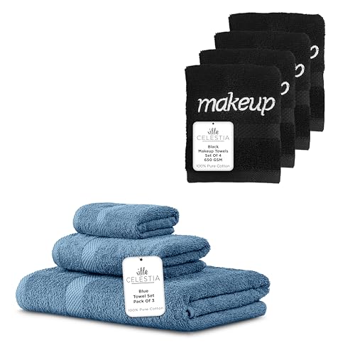 Luxurious 100% Cotton Towel Set - Ultra Absorbent, OEKO-TEX Certified - 7 Towels in Blue & Black