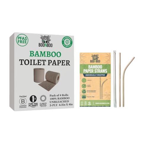 BOONBOO Toilet Paper - 3-Ply Unbleached, PFAS-Free, Bamboo Fiber, 4 Rolls - 180 Sheets Each