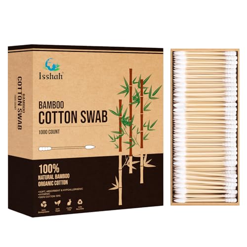 Isshah Bamboo Cotton Swabs - Biodegradable, Multi-Purpose, Pointed & Spiral Heads - 1000 Count