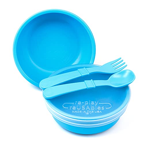 Re-Play Toddler Feeding Set - BPA Free, Made from Recycled Materials - 5 Pieces, Sky Blue