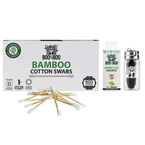 BOONBOO Dental Floss - Bamboo Charcoal, Vegan Wax, Fresh Flavor - 100ft with 600 Cotton Swabs