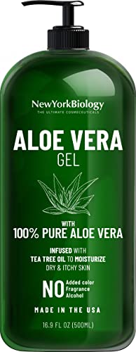 New York Biology Aloe Vera Gel - Moisturizes Skin & Hair, Tea Tree Infused for Relief - 16.9 Fl Oz