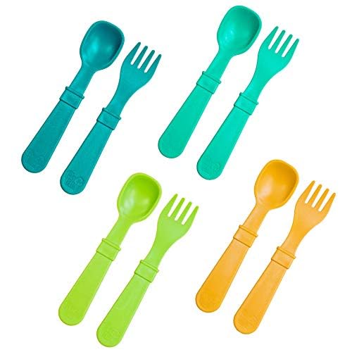 Re-Play Toddler Forks & Spoons - Ergonomic, Durable, Made from Recycled Materials - 8 Pack