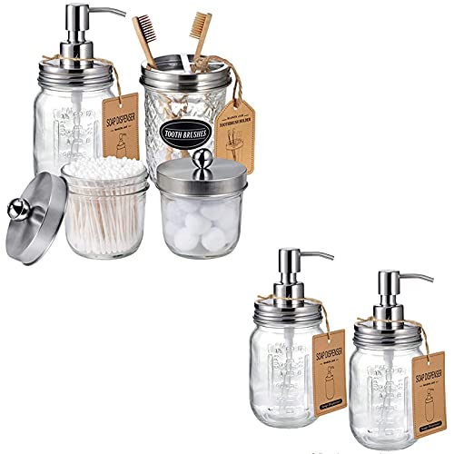 Amolliar Bathroom Accessories Set - Rustic Design, BPA-Free, 6 Piece with Mason Jar Holders