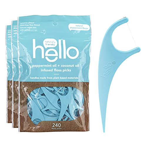 hello Peppermint Floss Picks - Plaque Removal, Vegan, PFAS-Free, Xylitol Infused - 240 Count