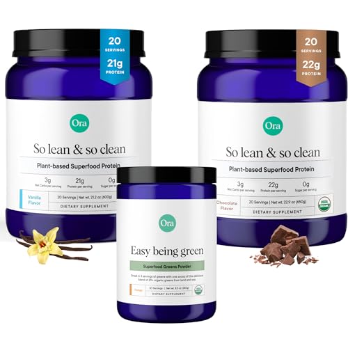 Ora Organic Vegan Protein Powder Bundle - 21g Chocolate & Vanilla, Super Greens - 20 Servings Each